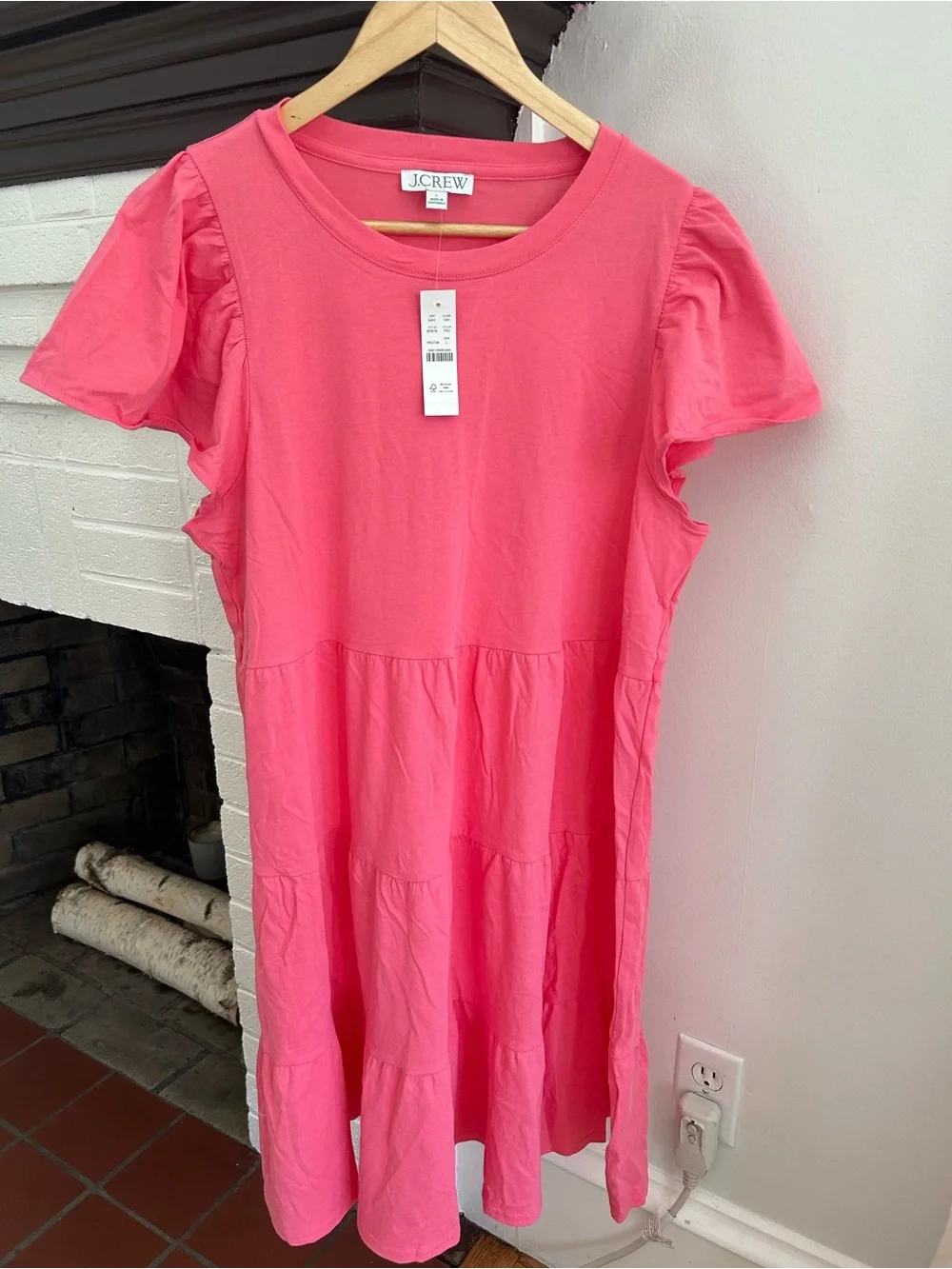 J. Crew Bright Pink Tiered Short Sleeve Dress Size L NEW